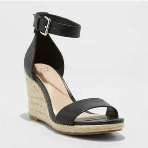 A New Day Ankle Strap Open Toe Espadrille Wedge Sandals Black - Picture 2 of 10